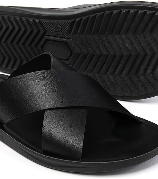 Men's microfiber Leather Slide Sandals, Cross Strap Design, Open Toe, Black Footbed, Casual Summer Footwear