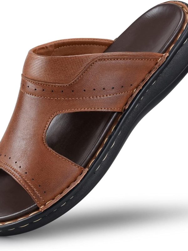Men's Leather Slides Open Toe Outdoor Slippers Comfort Arch Support Retro Casual Flip Flops Summer Fisherman Slip On Sandals for Men