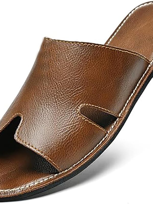 Men'S Genuine Leather Flat Slides Sandals Summer Classic Round Open Toe Slip On Softsole Male Sandals For Beach Walking Slides
